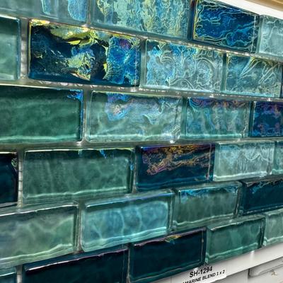 Aquabella Shimmer Aquamarine Blend 1x2 Glass Mosaic 12"x12" Pool Tile (SH-1294)