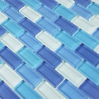 Crystal Turquoise Cobalt Blue Blend 1x2 Glass Mosaic 12"x12" Pool Tile - Hover