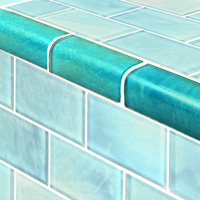 Subway Trim Stratus Aqua Glass Bullnose Pool Tile (Covering 1 Linear Foot)