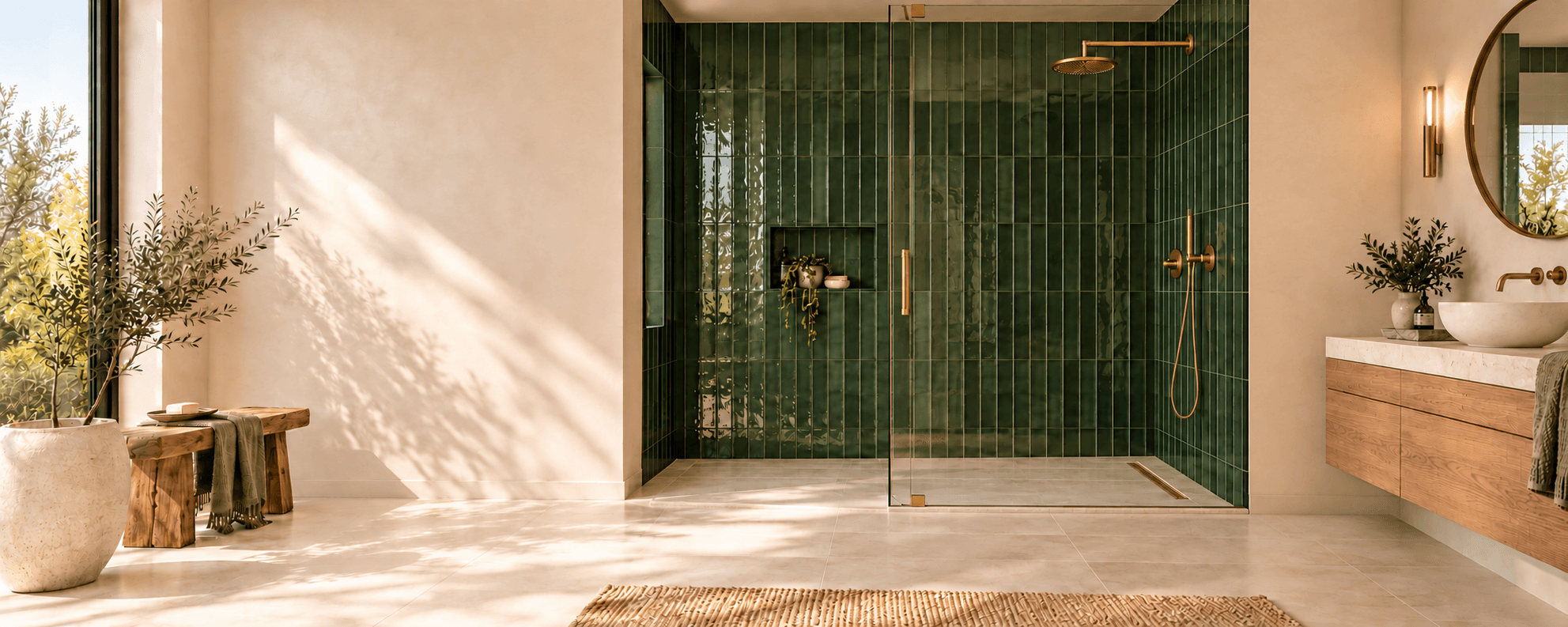 Shower finished with emerald green zellige tile