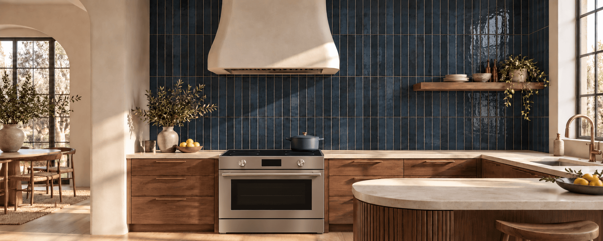 Kitchen with a deep blue tile backsplash