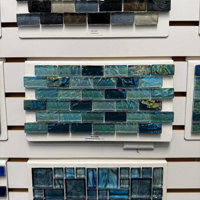 Aquabella Shimmer Aquamarine Blend 1x2 Glass Mosaic 12"x12" Pool Tile (SH-1294) - Image 2