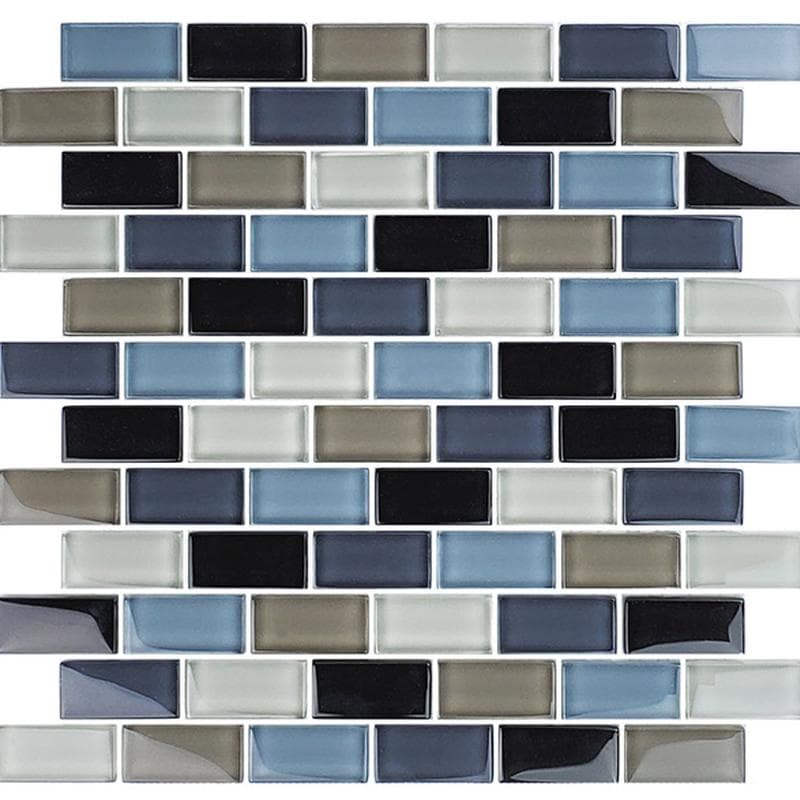 Crystal Black Charcoal Gray Taupe Blend 1x2 Glass Mosaic 12"x12" Pool Tile - Image 1