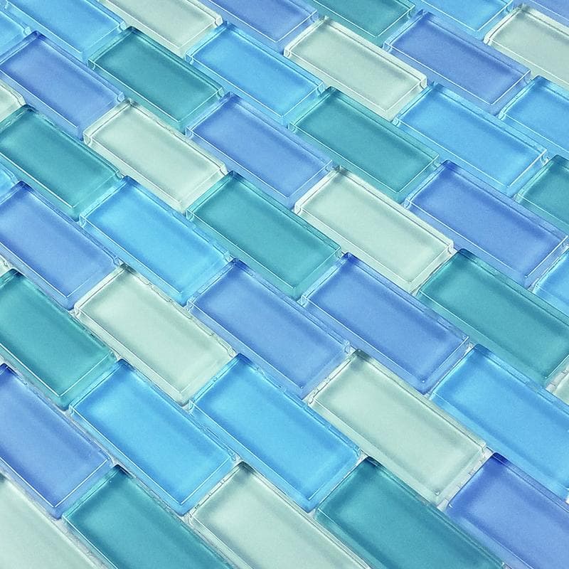 Crystal Turquoise Blue Blend 1x2 Glass Mosaic 12"x12" Pool Tile - Image 2