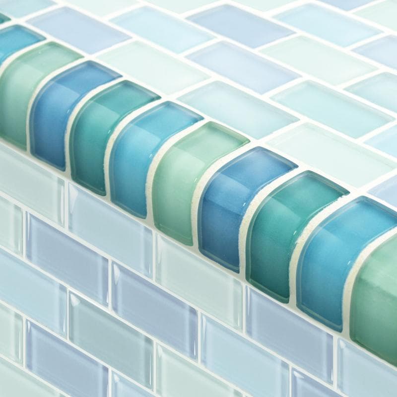 Crystal Trim Turquoise Blue Blend Glass Bullnose Pool Tile (Covering 1 Linear Foot) - Image 1