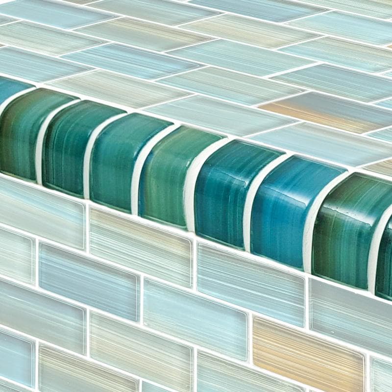 Watercolors Trim Aqua Blend 1x2 Glass Bullnose Pool Tile (Covering 1 Linear Foot) - Image 1