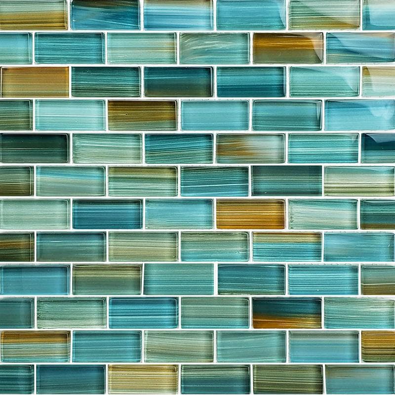 Watercolors Aqua Blend 1x2 Glass Mosaic 12"x12" Pool Tile - Image 1