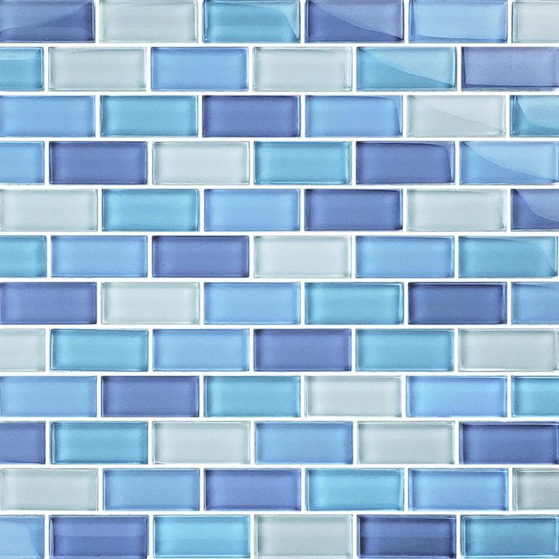Crystal Turquoise Cobalt Blue Blend 1x2 Glass Mosaic 12"x12" Pool Tile - Image 1