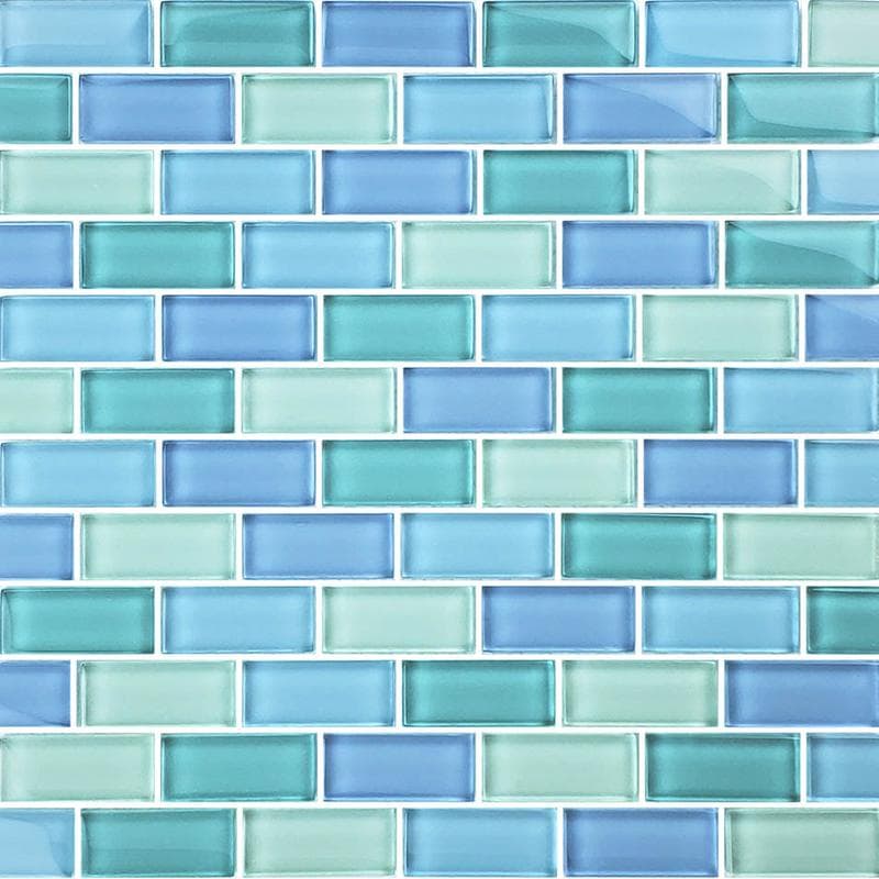 Crystal Turquoise Blue Blend 1x2 Glass Mosaic 12"x12" Pool Tile - Image 1