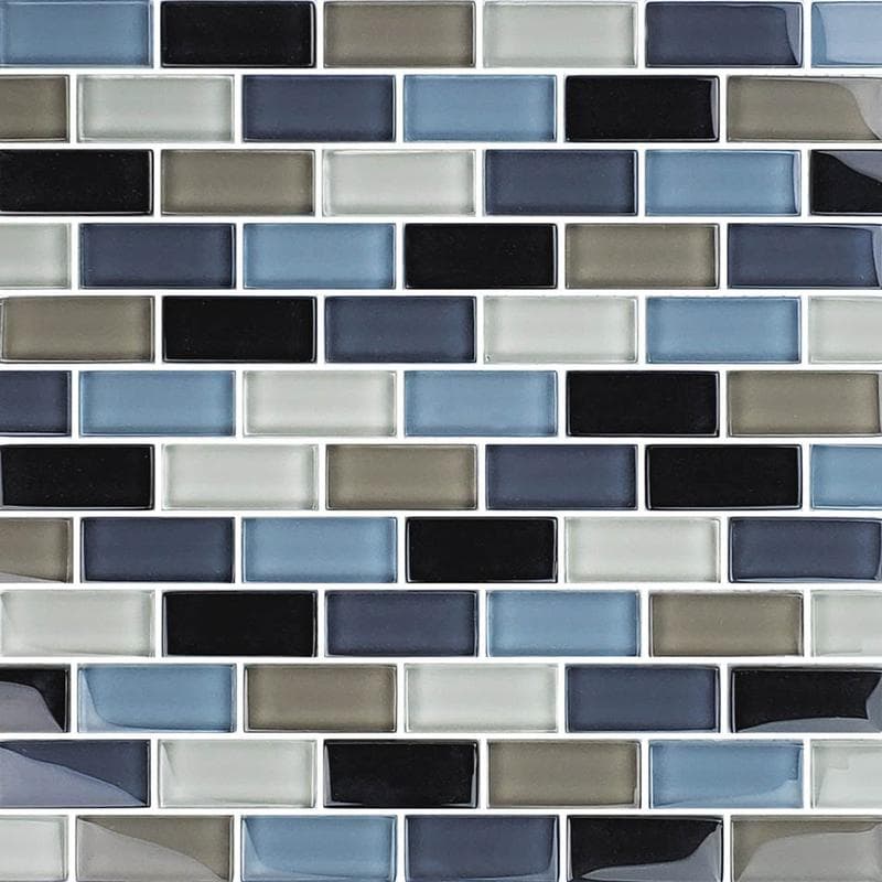 Crystal Black Charcoal Gray Taupe Blend 1x2 Glass Mosaic 12"x12" Pool Tile - Image 1