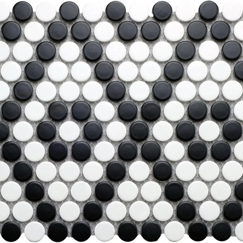 CC Mosaics Matte Black & White Penny Round 9x10 Mosaic - Image 1