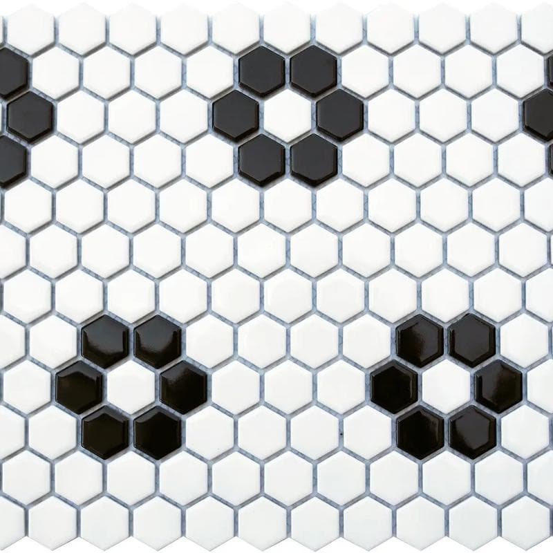CC Mosaics Matte 1x1 Black & White Flower Hex 12x12 Mosaic  - Image 1
