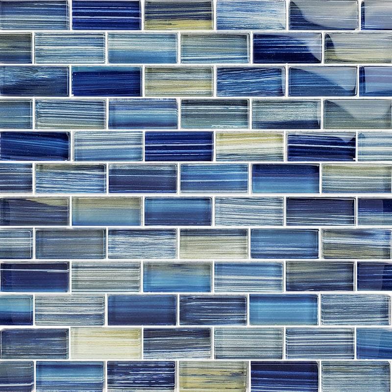Watercolors Blue Blend 1x2 Glass Mosaic 12"x12" Pool Tile - Image 1